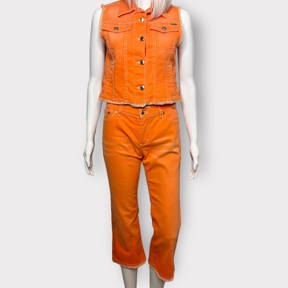Vintage Y2K Escada Sport, two piece, neon orange, pant, vest, denim, set - Picture 1 of 8